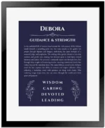 Debora custom name art showing meaning and origin in navy blue with black matte frame