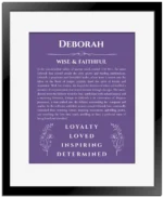 Deborah personalized name print with origin and traits in purple with black matte frame