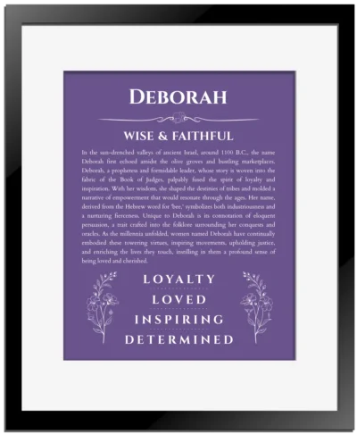 Deborah personalized name print with origin and traits in purple with black matte frame