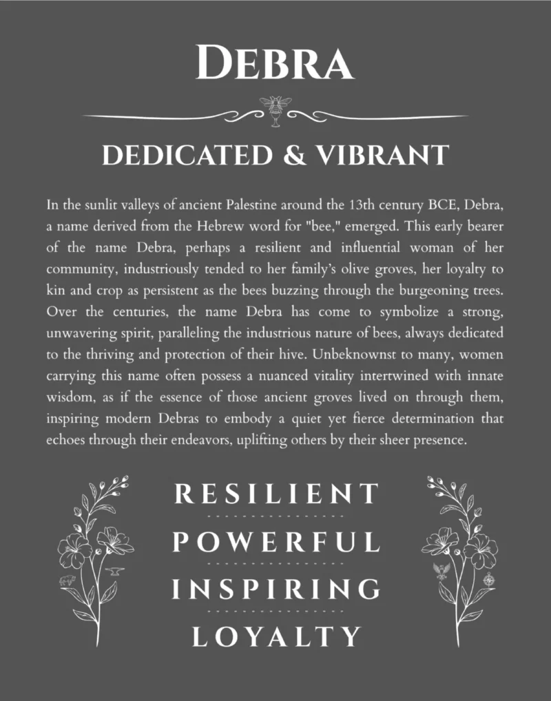 Debra custom name art showing meaning and origin in gray