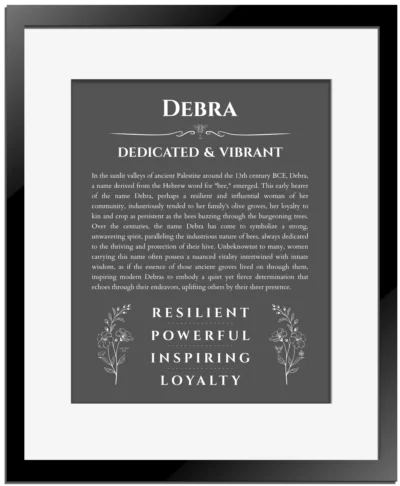 Debra custom name art showing meaning and origin in gray with black matte frame