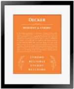 Decker custom name print for wall display in orange with black matte frame