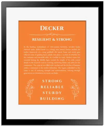 Decker custom name print for wall display in orange with black matte frame