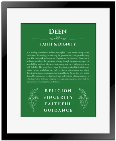 Deen custom name meaning print in dark green with black matte frame