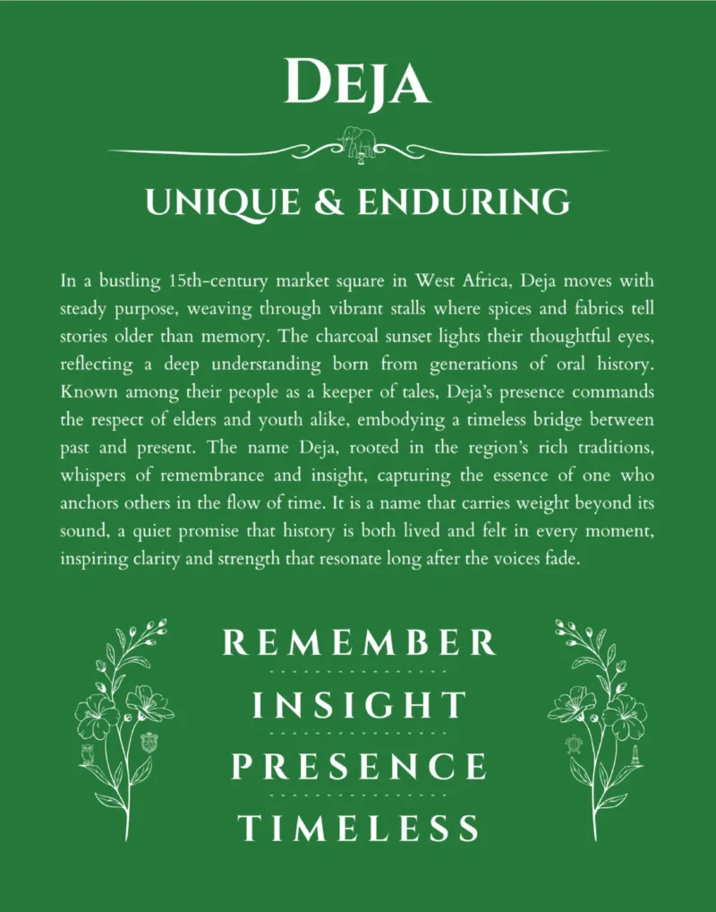 Deja custom name art showing meaning and origin in dark green