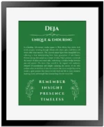 Deja custom name art showing meaning and origin in dark green with black matte frame