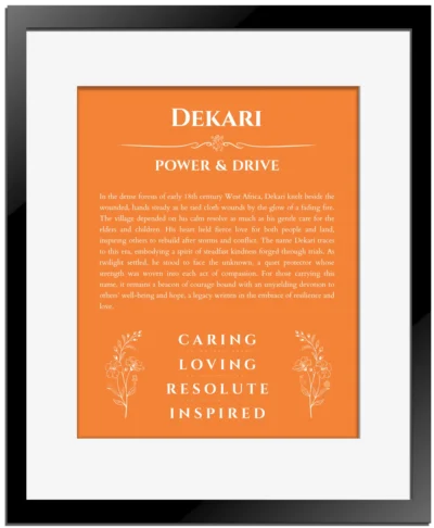 Dekari name meaning gift print in orange with black matte frame