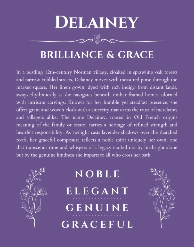 Delainey personalized wall art with the story of your name in purple