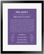 Delainey personalized wall art with the story of your name in purple with black matte frame