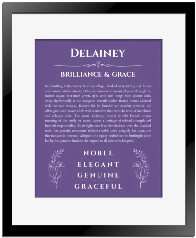 Delainey personalized wall art with the story of your name in purple with black matte frame