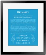Delaney personalized name art with origin story in blue with black matte frame