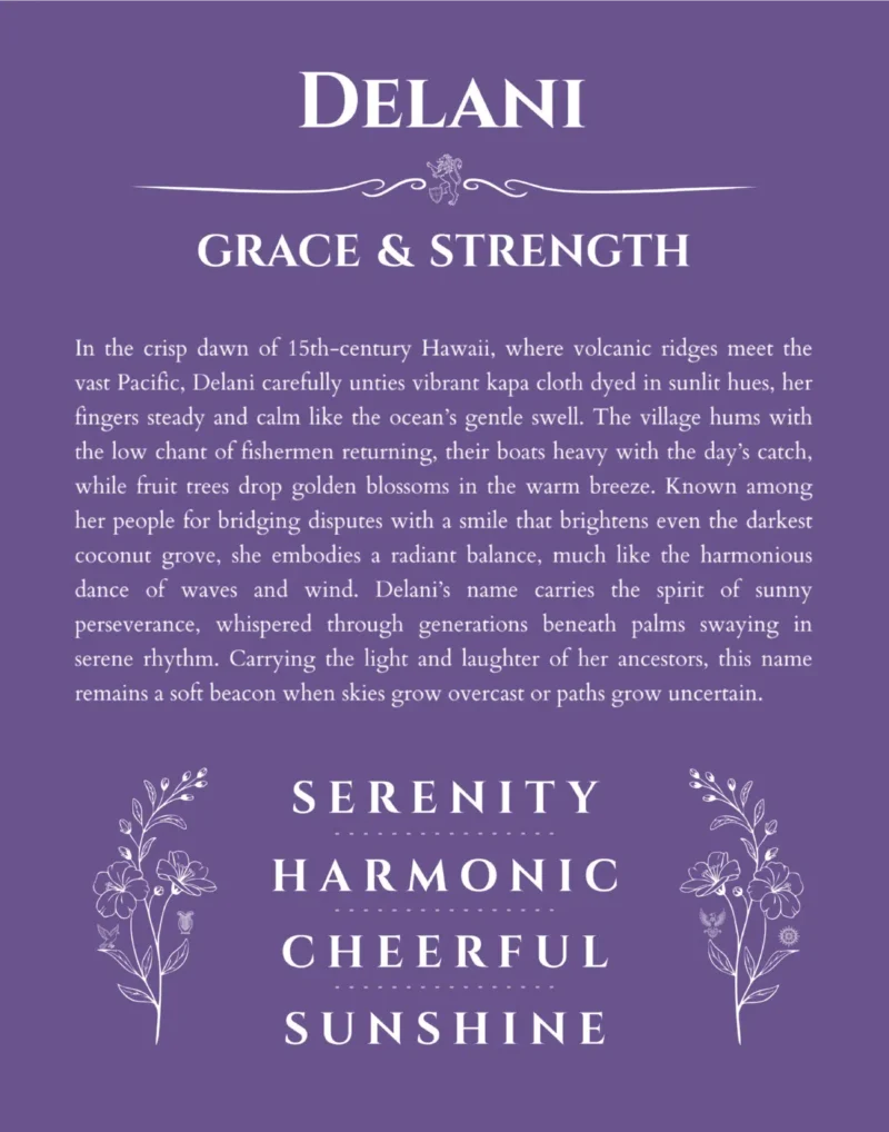 Delani custom name art showing meaning and origin in purple