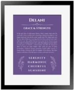Delani custom name art showing meaning and origin in purple with black matte frame