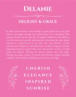 Delanie personalized name print with origin and traits in pink