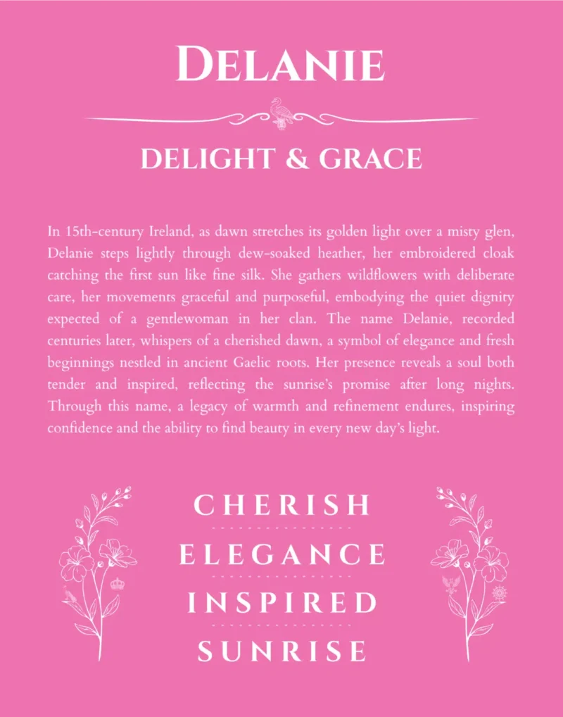 Delanie personalized name print with origin and traits in pink