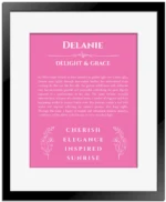 Delanie personalized name print with origin and traits in pink with black matte frame