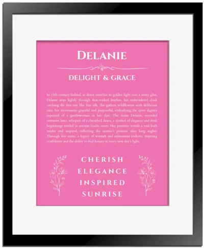 Delanie personalized name print with origin and traits in pink with black matte frame