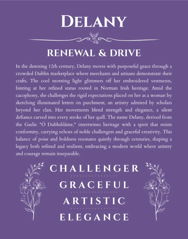 Delany personalized wall art with the story of your name in purple
