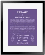 Delany personalized wall art with the story of your name in purple with black matte frame