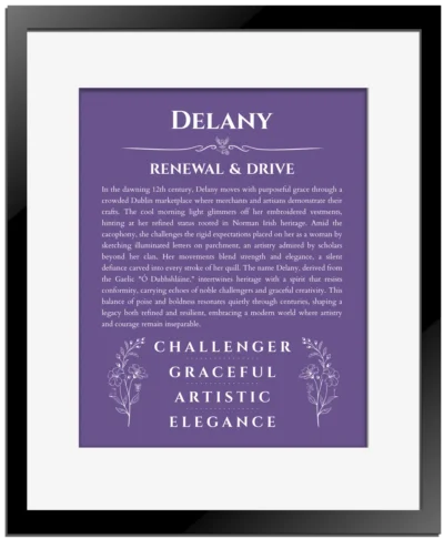 Delany personalized wall art with the story of your name in purple with black matte frame