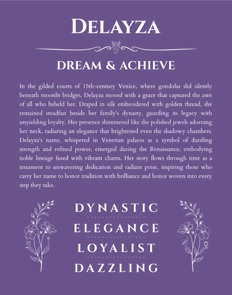 Delayza name origin print with meaning and traits in purple