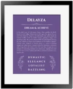 Delayza name origin print with meaning and traits in purple with black matte frame