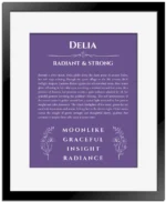 Delia custom name print for wall display in purple with black matte frame