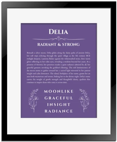 Delia custom name print for wall display in purple with black matte frame