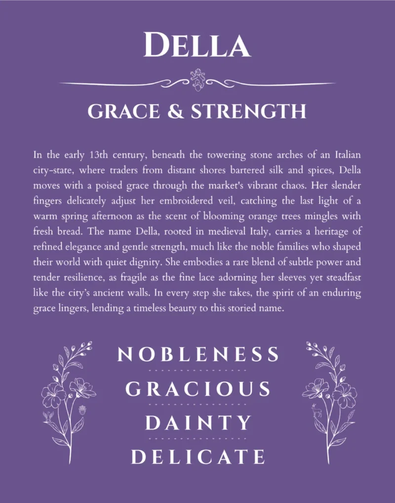 Della custom name art showing meaning and origin in purple