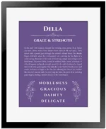 Della custom name art showing meaning and origin in purple with black matte frame