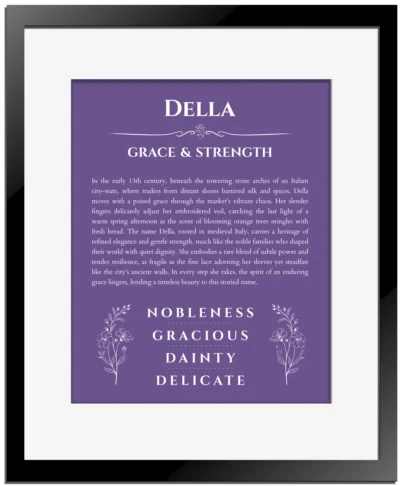 Della custom name art showing meaning and origin in purple with black matte frame