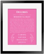 Delores personalized wall art with the story of your name in pink with black matte frame