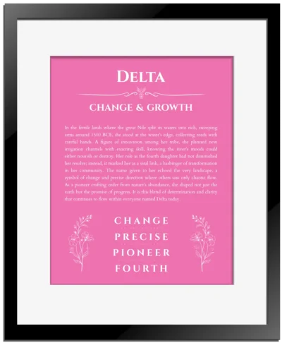 Delta name meaning wall art by Get Your Story in pink with black matte frame