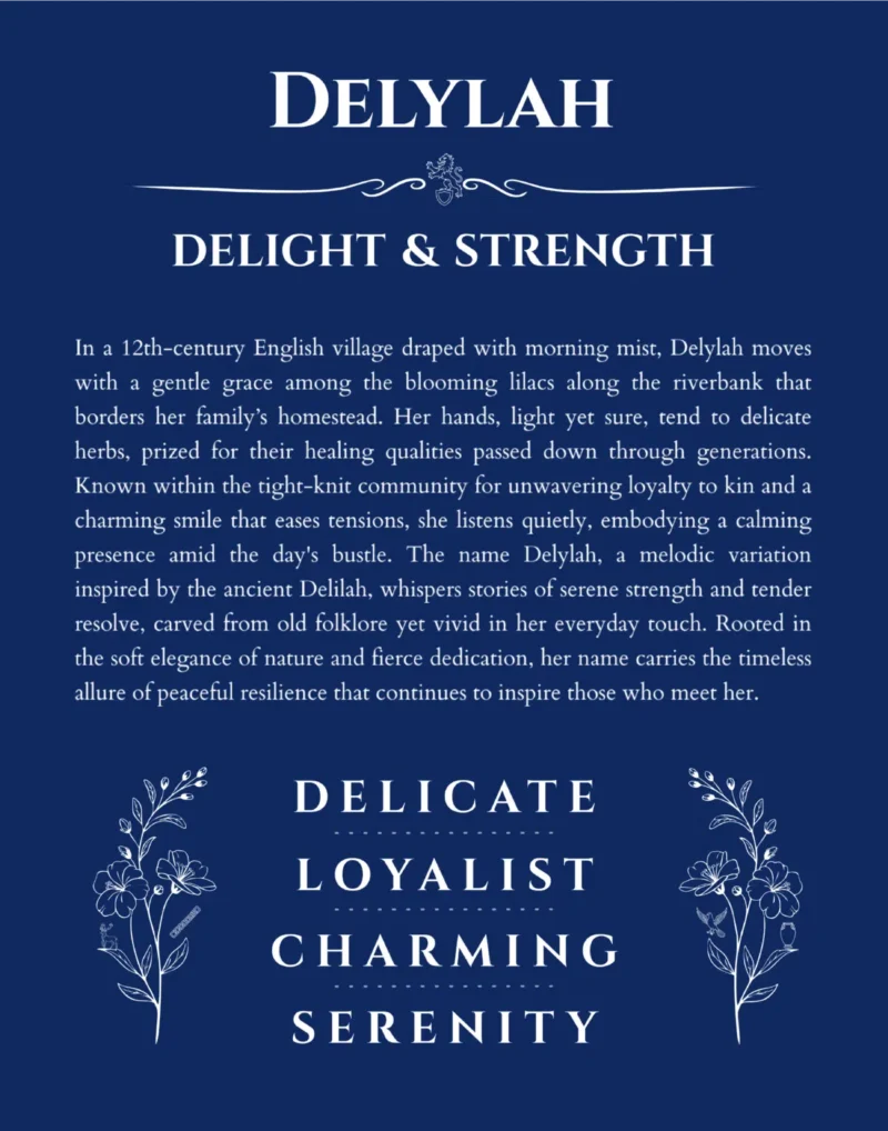 Delylah name origin print with meaning and traits in deep blue