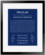 Delylah name origin print with meaning and traits in deep blue with black matte frame