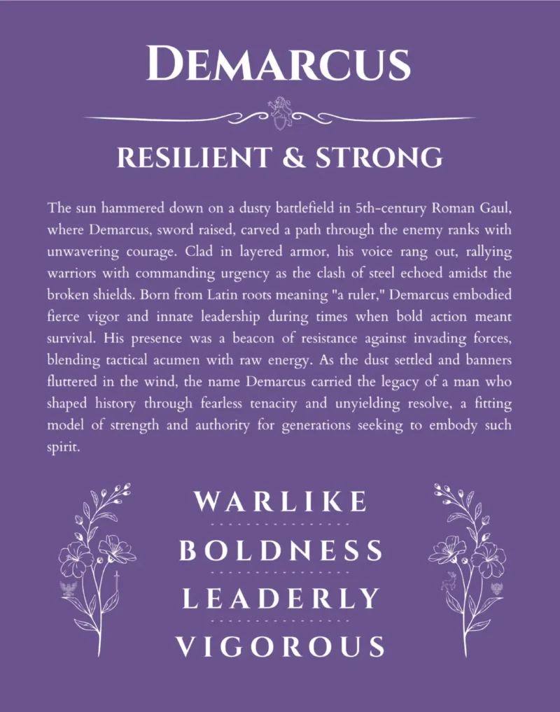 Demarcus name origin print with meaning and traits in purple