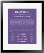 Demarcus name origin print with meaning and traits in purple with black matte frame