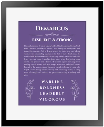 Demarcus name origin print with meaning and traits in purple with black matte frame