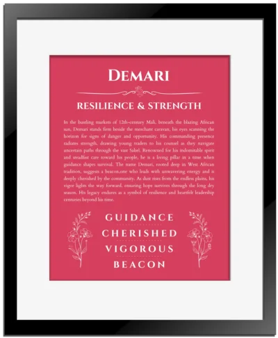 Demari name origin print with meaning and traits in red with black matte frame
