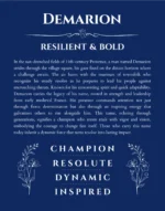 Demarion personalized name print with origin and traits in deep blue