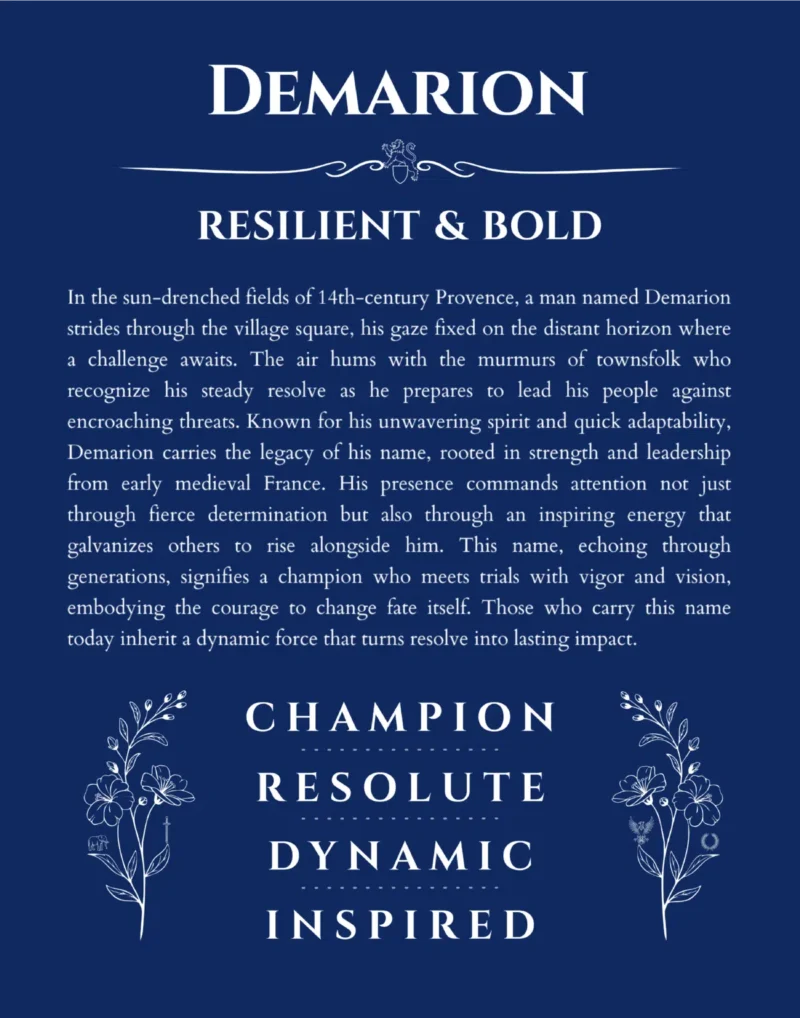 Demarion personalized name print with origin and traits in deep blue