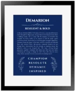 Demarion personalized name print with origin and traits in deep blue with black matte frame
