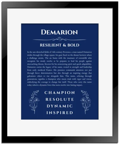 Demarion personalized name print with origin and traits in deep blue with black matte frame