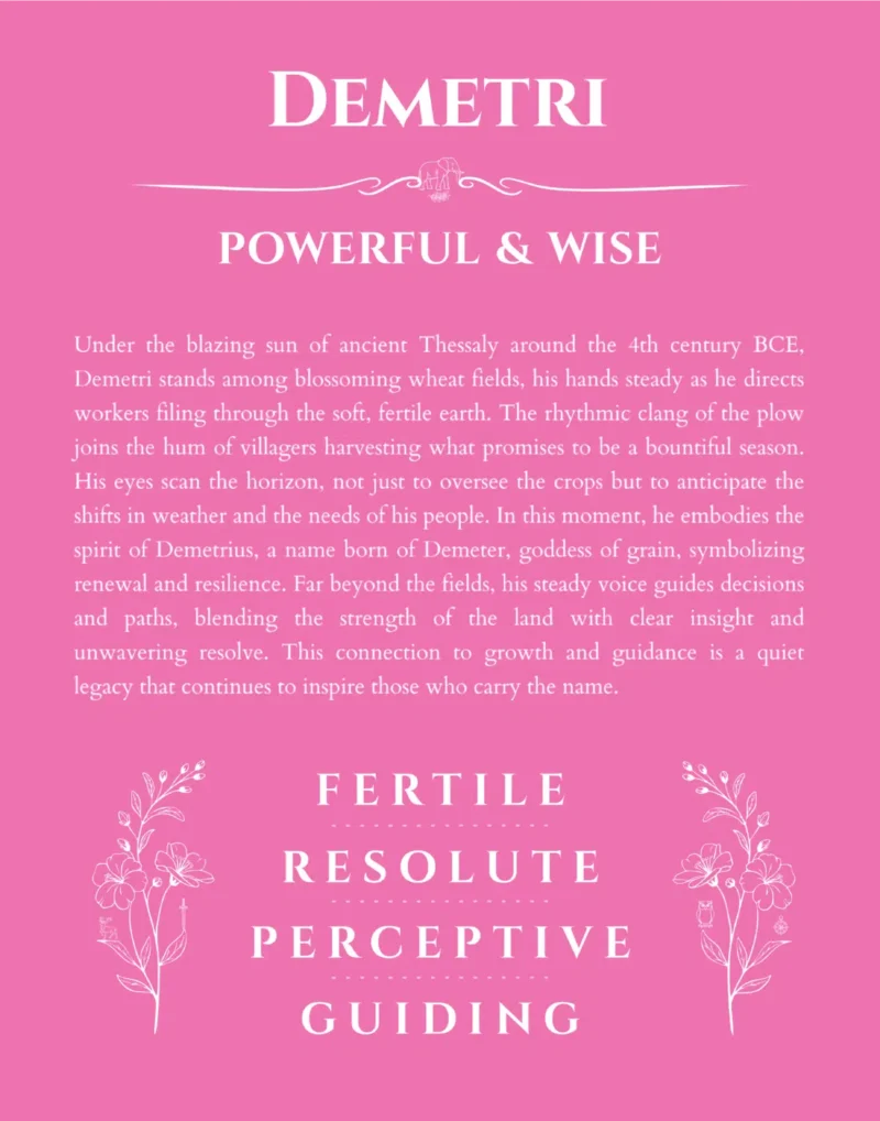 Demetri custom name art showing meaning and origin in pink