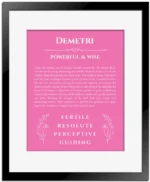 Demetri custom name art showing meaning and origin in pink with black matte frame