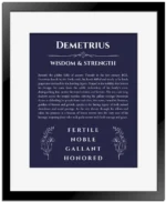 Demetrius custom name print for wall display in navy blue with black matte frame