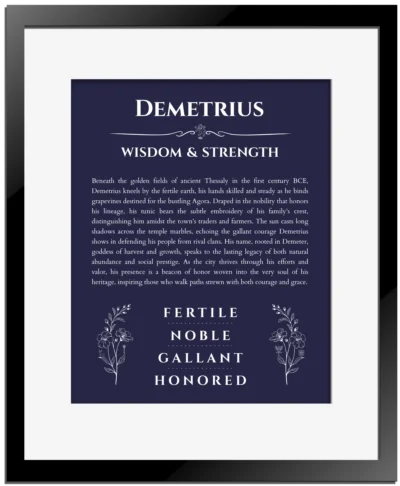Demetrius custom name print for wall display in navy blue with black matte frame