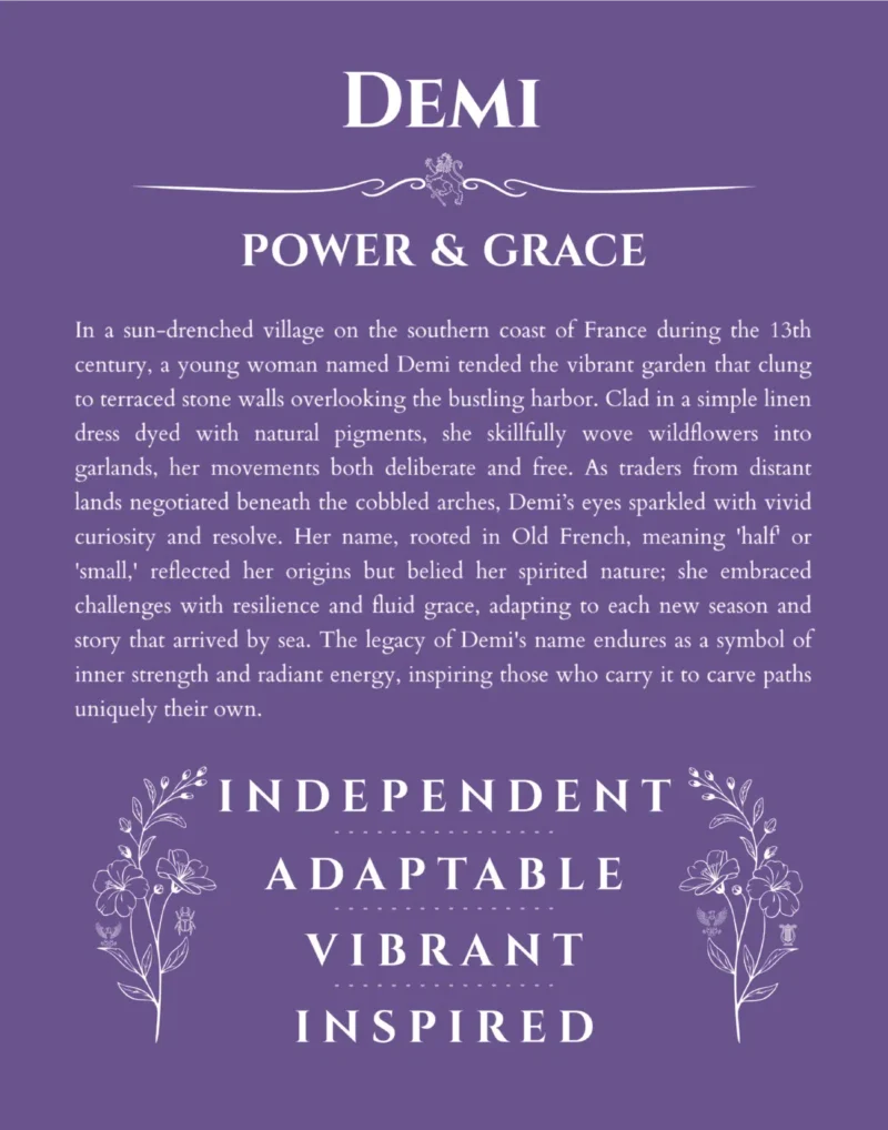 Demi personalized name art with origin story in purple