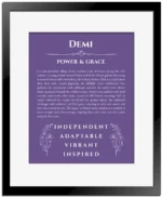 Demi personalized name art with origin story in purple with black matte frame