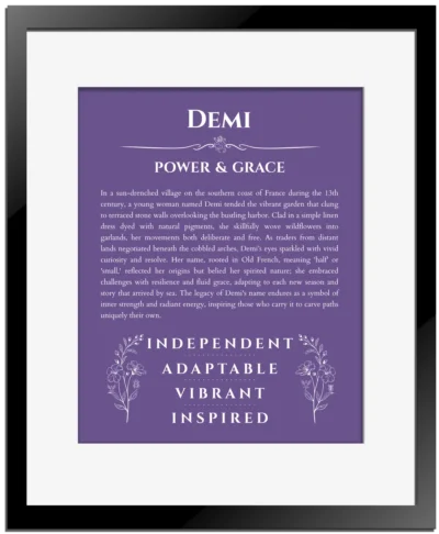 Demi personalized name art with origin story in purple with black matte frame